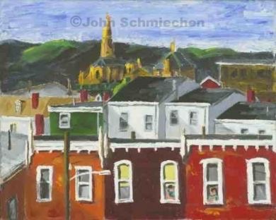 Morning Visit in Manayunk Note card, Note cards, notecard, note card set, notecard set, card, greeting card, greeting note card, greeting notecard, greeting note card set, greeting notecard set, Neighborhoods, Morning Visit in Manayunk, Philadelphia, Pennsylvania, cityscape, painter, John Schmiechen, Schmiechen, historic, oil painting, painting, American impressionist, impressionist