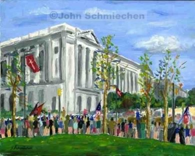 Parkway and Museum District, Parade on the Parkway, Philadelphia, Pennsylvania, cityscape, painter, John Schmiechen, Schmiechen, historic, oil painting, painting, American impressionist, impressionist