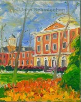 Neighborhoods, Tulips Pennsylvania Hospital, Philadelphia, Pennsylvania, cityscape, painter, John Schmiechen, Schmiechen, historic, oil painting, painting, American impressionist, impressionist
