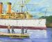 USS Olympia, Original oil paintings, Stretched canvas, Riverfronts and Boats, Paper, Note cards, Philadelphia, Pennsylvania, cityscape, painter, John Schmiechen, Schmiechen, historic, oil painting, painting, American impressionist, impressionist